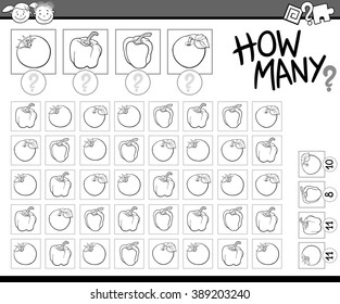 Black and White Cartoon Vector Illustration of Education Counting Task for Preschool Children with Fruit and Vegetables for Coloring