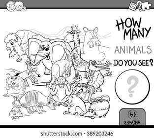 Black and White Cartoon Vector Illustration of Educational Counting Activity for Preschool Children with Wildlife Animal Characters Coloring Book