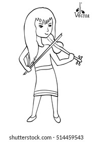 Black and White Cartoon Vector Illustration of Violinist Woman or Beautiful Girl Playing the Violin Instrument. ?oloring book.