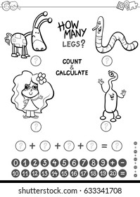 Black and White Cartoon Vector Illustration of Educational Mathematical Counting and Addition Activity for Children with Funny Characters Coloring Page