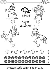 Black and White Cartoon Vector Illustration of Educational Mathematical Counting and Addition Game for Kids with Funny Characters Coloring Page