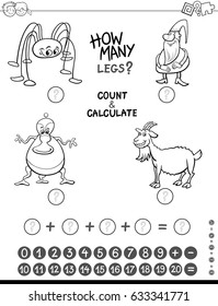 Black and White Cartoon Vector Illustration of Educational Mathematical Counting and Addition Game for Children with Funny Characters Coloring Page