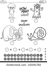 Black and White Cartoon Vector Illustration of Educational Mathematical Counting and Addition Activity for Kids with Funny Characters Coloring Page