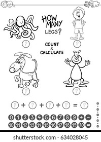 Black and White Cartoon Vector Illustration of Educational Mathematical Counting and Addition Game for Kids with Comic Characters Coloring Page