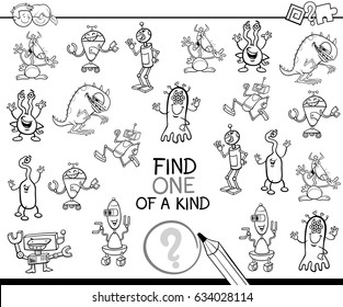 Black and White Cartoon Vector Illustration of Find One of a Kind Educational Activity Game for Children with Fantasy Characters Coloring Page