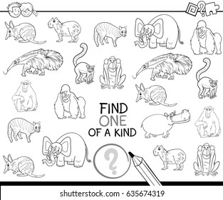 Black and White Cartoon Vector Illustration of Find One of a Kind Educational Activity Game for Children with Wild Animal Characters Coloring Page