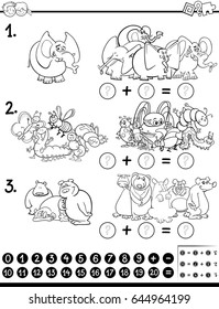 Black and White Cartoon Vector Illustration of Educational Mathematical Activity Game for Children with Animal Characters Coloring Page