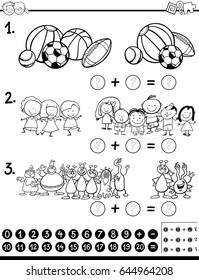 Black and White Cartoon Vector Illustration of Educational Mathematical Activity Game for Children with Funny Characters and Objects Coloring Page