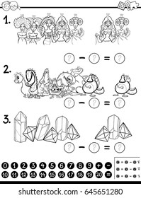 Black and White Cartoon Vector Illustration of Educational Mathematical Activity Game for Children with Funny Characters and Objects Coloring Page