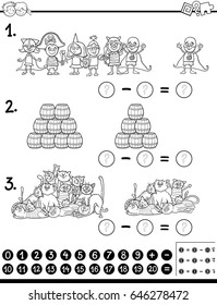 Black and White Cartoon Vector Illustration of Educational Mathematical Activity for Kids with Characters and Objects Coloring Page