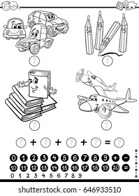 Black and White Cartoon Vector Illustration of Educational Mathematical Activity Game for Children with Object and Vehicle Characters Coloring Page