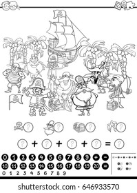 Black and White Cartoon Vector Illustration of Educational Mathematical Activity Game for Children with Pirate Characters Coloring Page