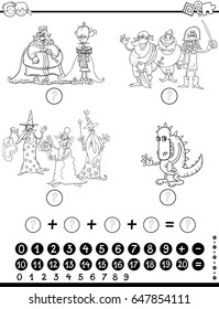 Black and White Cartoon Vector Illustration of Educational Mathematical Activity Game for Children with Fairy Tale Characters Coloring Page