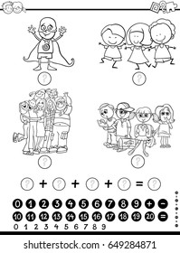 Black and White Cartoon Vector Illustration of Educational Mathematical Activity Game for Children with Kid Characters Coloring Page