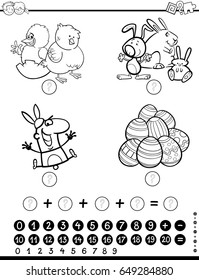 Black and White Cartoon Vector Illustration of Educational Mathematical Activity Game for Children with Easter Holiday Characters Coloring Page