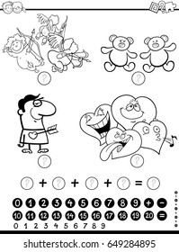 Black and White Cartoon Vector Illustration of Educational Mathematical Activity Game for Children with Valentines Day Characters Coloring Page