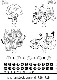Black and White Cartoon Vector Illustration of Educational Mathematical Activity for Children with Food Objects Vegetable Characters Coloring Page