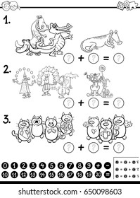 Black and White Cartoon Vector Illustration of Educational Counting and Addition Mathematical Activity for Children with Animal and People Characters Coloring Page
