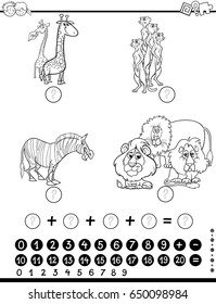 Black and White Cartoon Vector Illustration of Educational Counting Mathematical Activity for Children with Animal Characters Coloring Page