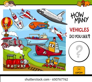 Black and White Cartoon Vector Illustration of Educational Counting Activity for Children with Vehicle Characters Group