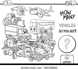 Black and White Cartoon Vector Illustration of Educational Counting Activity for Children with Vehicle Characters Group Coloring Page