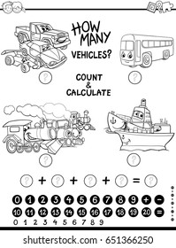 Black and White Cartoon Vector Illustration of Educational Counting and Addition Activity Game for Children Coloring Page
