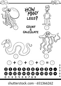 Black and White Cartoon Vector Illustration of Educational Counting and Addition Activity for Children Coloring Page