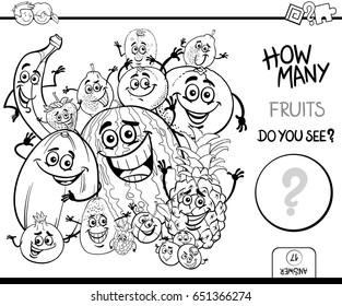 Black and White Cartoon Vector Illustration of Educational Counting Activity for Children with Fruit Characters Group Coloring Page