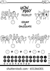 Black and White Cartoon Vector Illustration of Educational Counting and Addition Game for Children Coloring Page