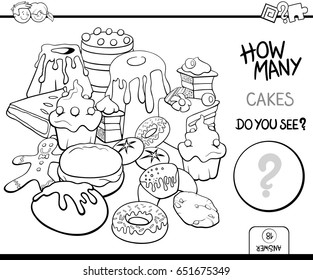 Black and White Cartoon Vector Illustration of Educational Counting Activity Game for Children with Cakes Coloring Page