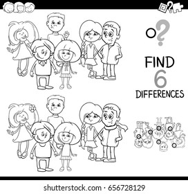 Black and White Cartoon Vector Illustration of Spot the Differences Educational Game for Children with Elementary Age Kid Characters Group Coloring Page
