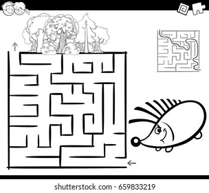 Black and White Cartoon Vector Illustration of Education Maze or Labyrinth Game for Children with Hedgehog and Forest Coloring Page