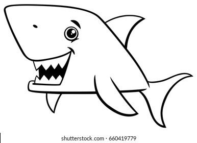 Black and White Cartoon Vector Illustration of Shark Fish Sea Life Animal Character for Coloring Book