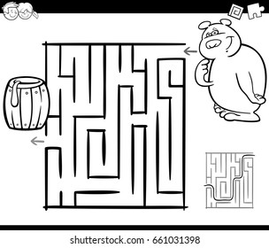 Black and White Cartoon Vector Illustration of Education Maze or Labyrinth Game for Children with Bear and Honey Coloring Page