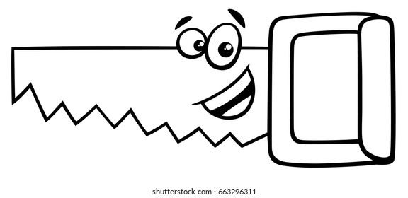 Black and White Cartoon Vector Illustration of Wood Saw Tool Character Clip Art Coloring Page