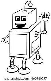 Black and White Cartoon Vector Illustration of Cubical Robot Science Fiction Character Coloring Book