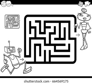 Black and White Cartoon Vector Illustration of Education Maze or Labyrinth Game for Children with Robots Coloring Page