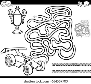 Black and White Cartoon Vector Illustration of Education Maze or Labyrinth Game for Children with Racing Car and Cup Coloring Page
