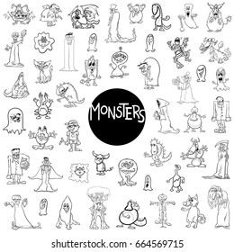 Black and White Cartoon Vector Illustration of Monsters Fantasy Characters Huge Set