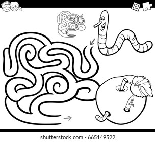 Black and White Cartoon Vector Illustration of Education Maze or Labyrinth Game for Children with Worm and Apple Coloring Page