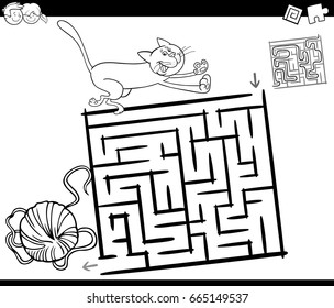 Black and White Cartoon Vector Illustration of Education Maze or Labyrinth Game for Children with Cat and Ball of Wool Coloring Page