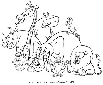 Black and White Cartoon Vector Illustration of Safari Animal Characters Group Coloring Book