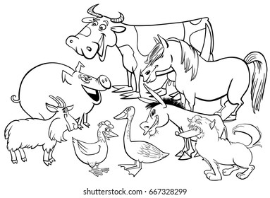 Black and White Cartoon Vector Illustration of Farm Animal Characters Group Coloring Book