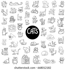 Black and White Cartoon Vector Illustration of Cats Animal Characters Big Set