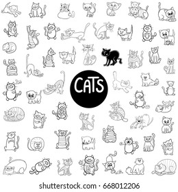 Black and White Cartoon Vector Illustration of Cats Pet Animal Characters Big Set