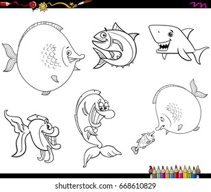 Black and White Cartoon Vector Illustration of Fish Sea Life Animal Characters Set Coloring Book