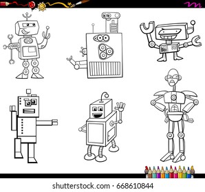 Black and White Cartoon Vector Illustration of Robot Fantasy Characters Set Coloring Book