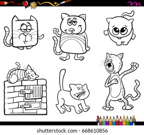 Black and White Cartoon Vector Illustration of Cats or Kittens Animal Characters Set Coloring Book