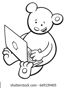 Black and White Cartoon Vector Illustration of Bear Fantasy Animal Character with Laptop or Notebook Coloring Book