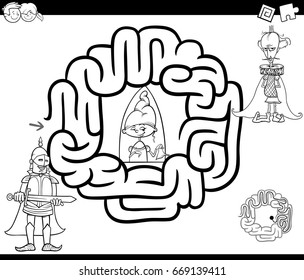Black and White Cartoon Vector Illustration of Education Maze or Labyrinth Game for Children with Knight and Princess Coloring Page